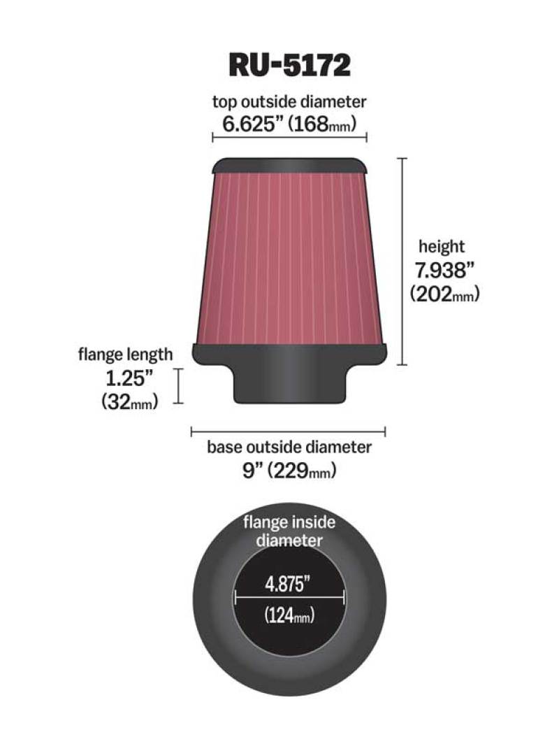K&amp;N Universal Rubber Filter-Round Tprd 4.875in Flange ID x 9in Base OD x 6.625in Top OD x 7.938in H - RU-5172