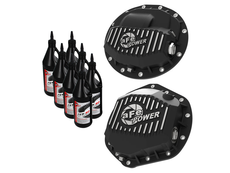 aFe Pro Series F&amp;R Differential Cover Black w/ Machined Fins 13-18 RAM 6.7L w/ 75W90 Synth Gear Oil - 46-70402-PL