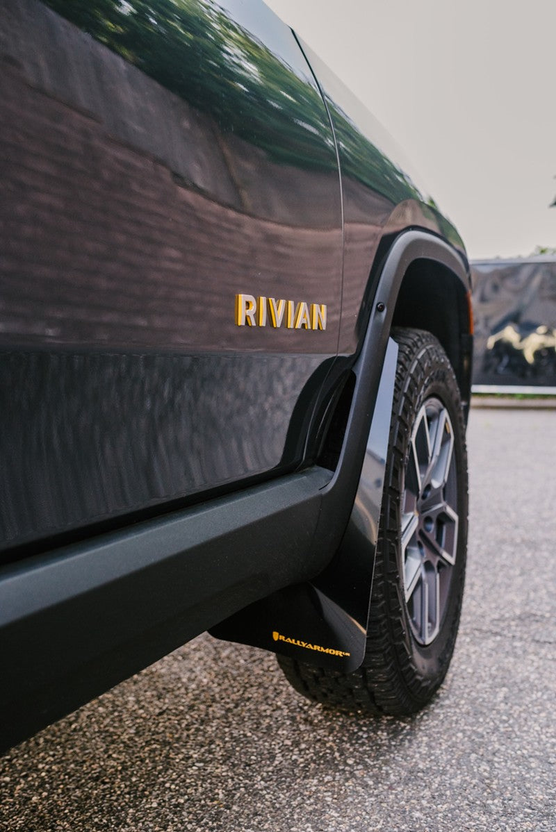 Rally Armor 22-24 Rivian R1T Black UR Mud Flap w/Tangerine Scream Logo - MF18-UR-BLK/TS