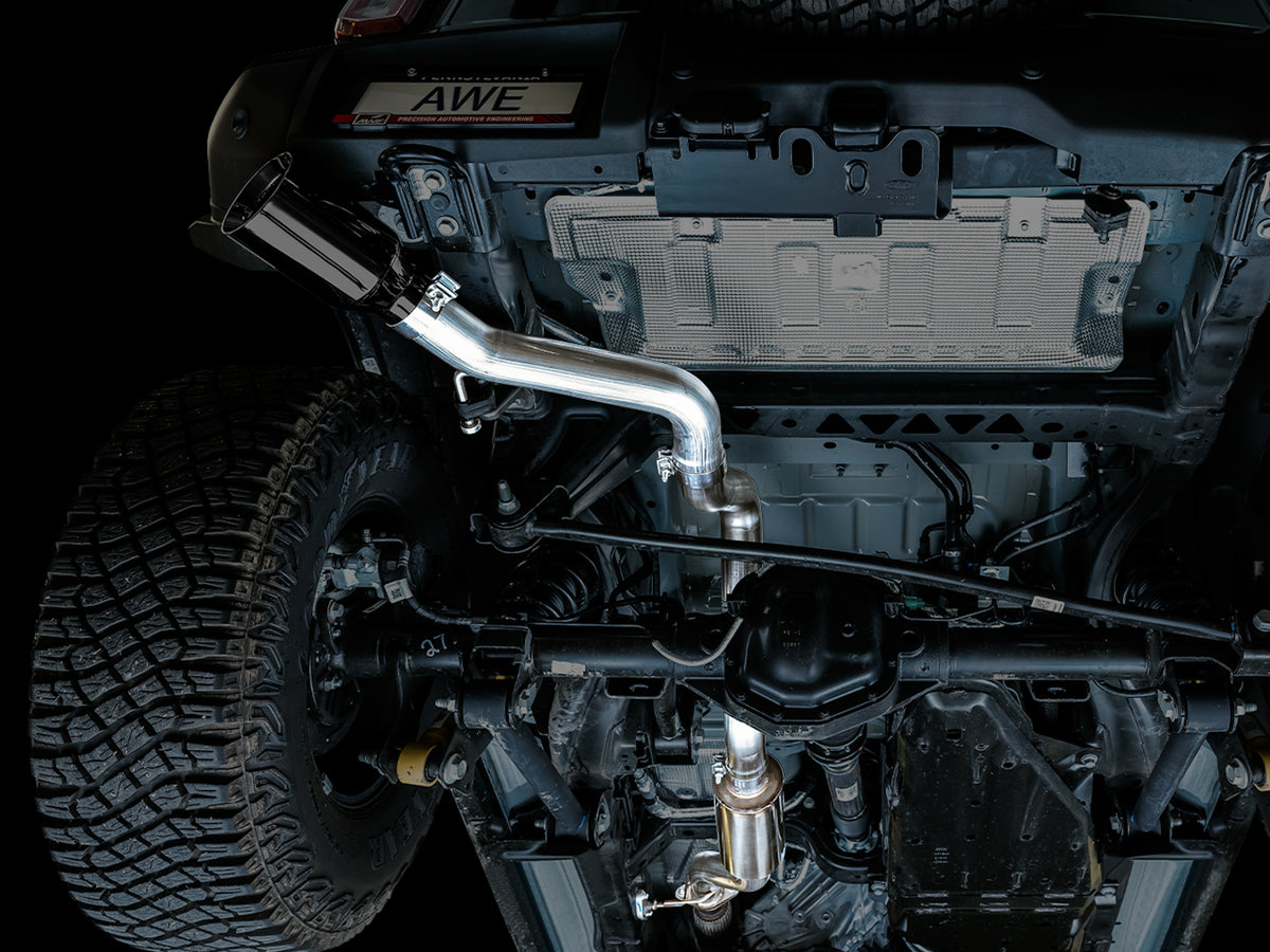 AWE Tuning 2021+ Ford Bronco 0FG Single Rear Exit Exhaust w/Diamond Black Tip & Bash Guard - 3015-23789