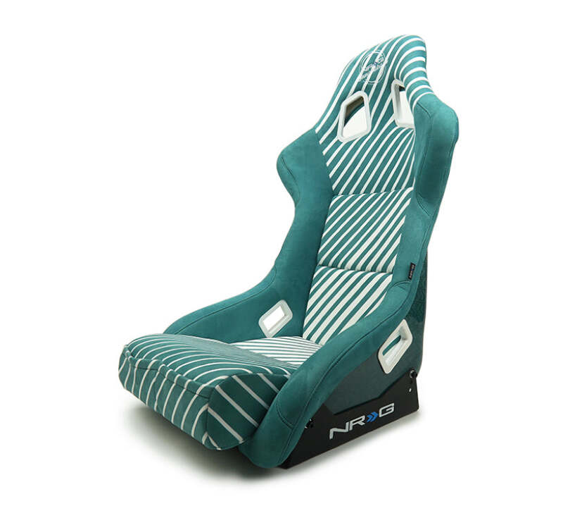 NRG FRP Bucket Seat - 20 Year Anniversary - Microfiber Green w/ White Stripes & Arrow Design - Large - FRP-302TWTY-GN - close-up view 2 3