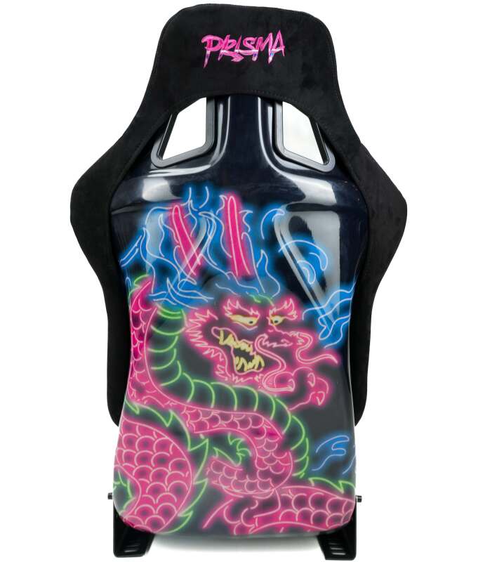 NRG FRP Bucket Seat (Large) Black Alcantara w/ Dragon Livery - FRP-302BK-DRGN-N - angle view
