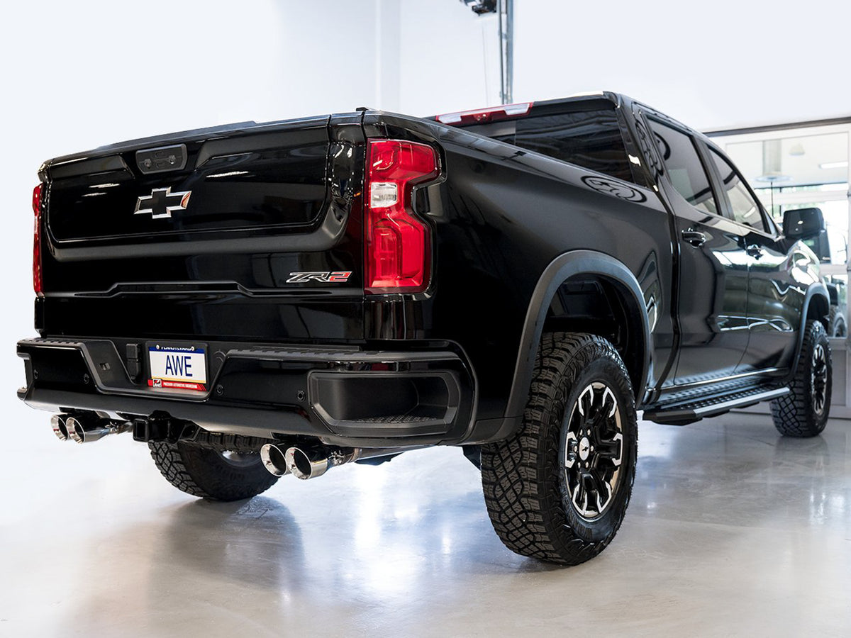 AWE Tuning 22-23 GMC Sierra 1500 AT4X 6.2L 0FG Catback Split Dual (Flat Bumper) - Chrome Silver Tips - 3015-42284