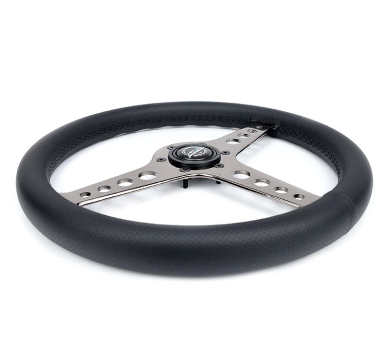 NRG Light Weight Gaming Steering Wheel - Driftz 350mm 3 Black Chrome Spokes Perforated Leather - ST-034BC-PR - close-up view 2 3
