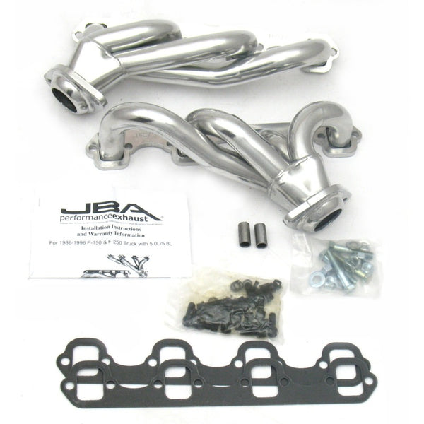JBA 87-95 Ford F-150 5.0L SBF 1-1/2in Primary Silver Ctd Cat4Ward Header - 1627SJS for 1987-1995 Ford Bronco - front view
