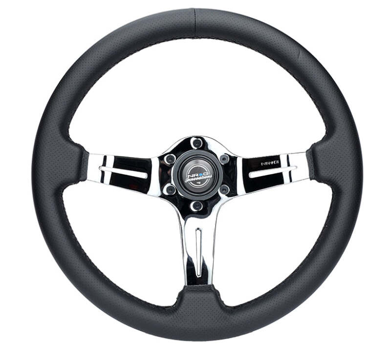 NRG Light Weight Gaming Steering Wheel - Splitz Chrome Silver Spokes Perforated Leather - ST-010CH-PR - front view
