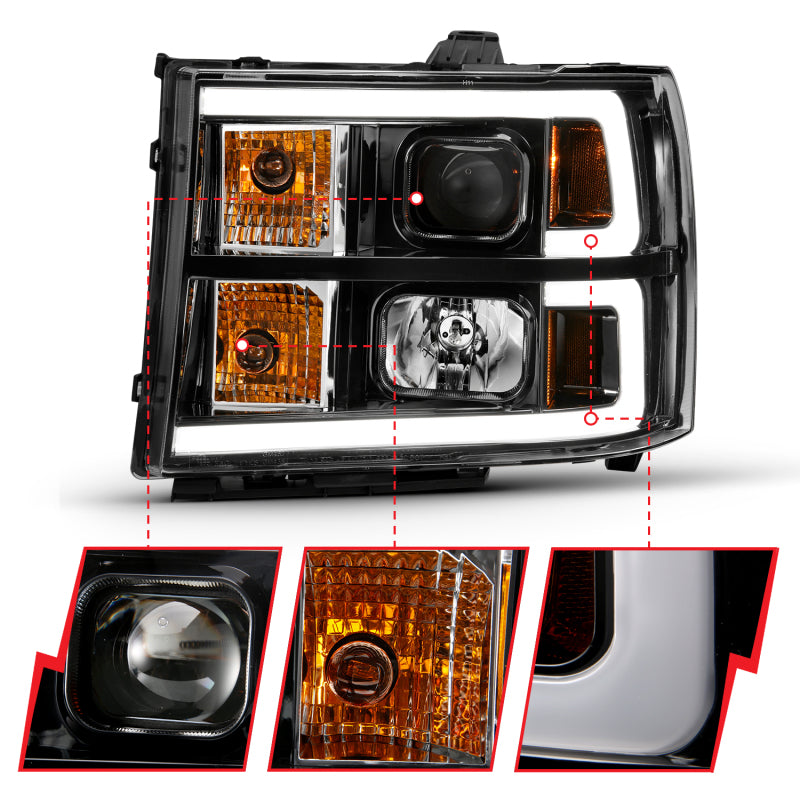 ANZO 2007-2013 Gmc Sierra 1500 Projector Headlight Plank Style Black w/ Clear Lens Amber - 111482