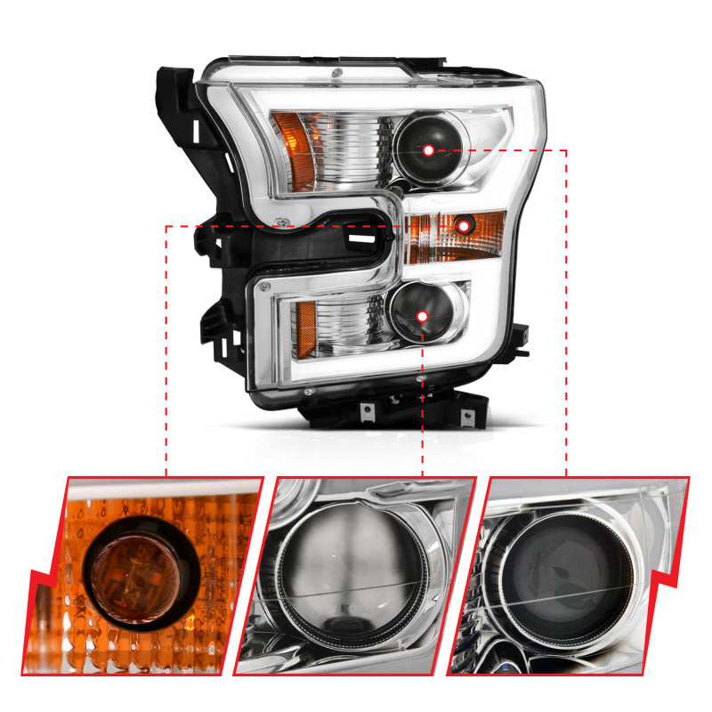 ANZO 2015-2017 Ford F-150 Projector Headlights w/ Plank Style Switchback Chrome w/ Amber - 111358