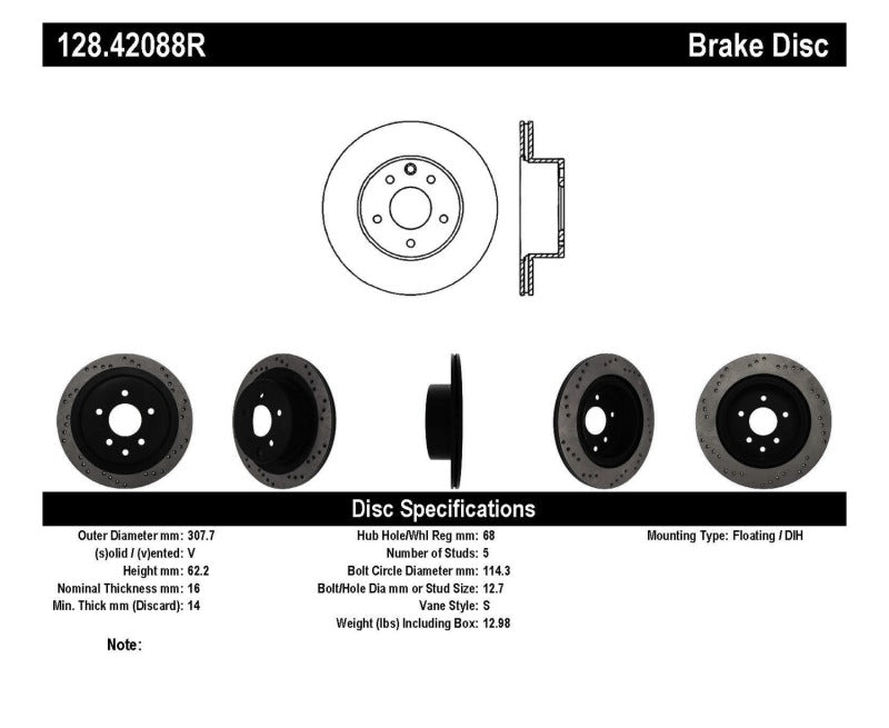 StopTech 08-09 Infiniti EX35 / 05-08 G35 / 09 G37 / 06-09 M35/M45 Drilled Right Rear Rotor - 128.42088R