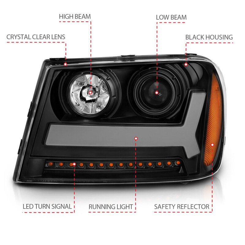 ANZO 2006-2009 Chevrolet Trailblazer Projector Headlights w/ Plank Style Design Black w/ Amber - 111390