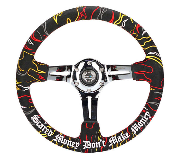 NRG Reinforced Steering Wheel R Litteral Sig 3in Deep/5mm Chrome Spoke - Blk Alcantara w/ Red Stitch - RST-018CH-RLB - front view