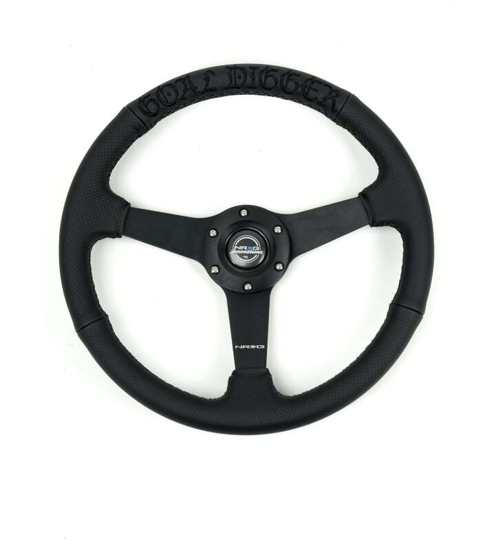 NRG Reinforced Black Perforated Leather Steering Wheel 350mm / 1.5in Deep w/ Goal Digger Blk Stitch - RST-037MB-BGD-R - close-up view 2 3 4