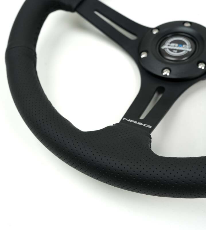 NRG Reinforced Perforated Leather Racing Steering Wheel 350mm / 2.5in Deep / 4mm Matte Black Spoke - RST-030PR-BK - close-up view