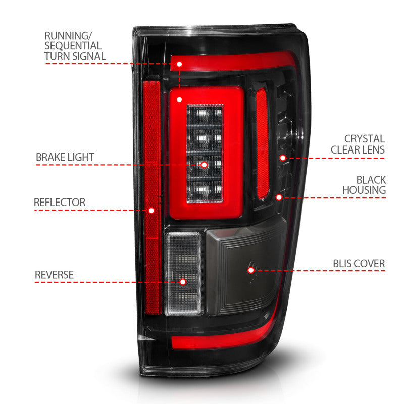 ANZO 21-23 Ford F-150 LED Taillights Seq. Signal w/BLIS Cover - Black Housing - 311473
