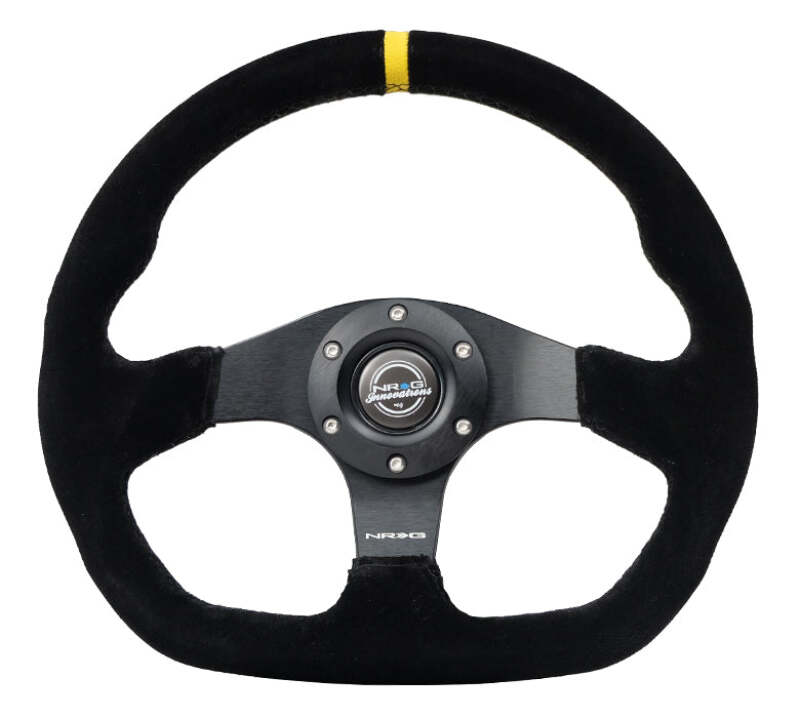 NRG Reinforced Steering Wheel (320mm) Sport Suede Flat Bottom w/ Yellow Center Mark - RST-024MB-S-Y - front view