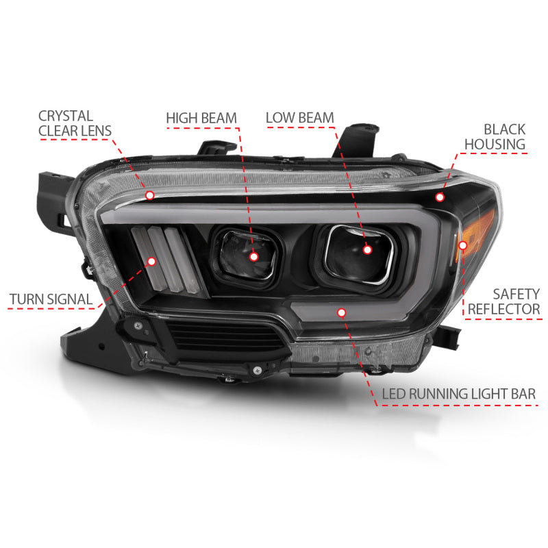 ANZO 2016-2017 Toyota Tacoma Projector Headlights w/ Plank Style Design Black/Amber w/ DRL - 111379