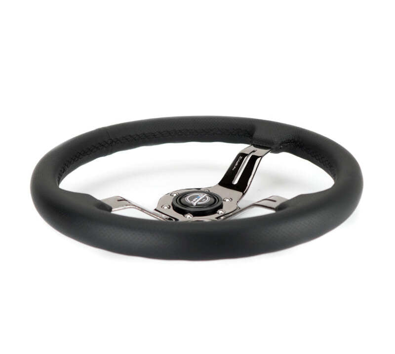 NRG Light Weight Gaming Steering Wheel - 350mm 3 Black Chrome Spokes Perforated Leather - ST-010BC-PR - close-up view 2 3