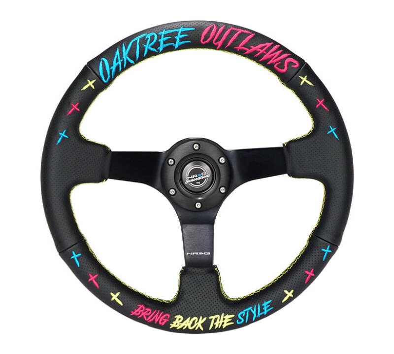 NRG Reinforced Steering Wheel - Oak Tree Outlaws 3in Deep/5mm Blk Spoke 350mm Wheel - Blk Perf Lthr - RST-036MB-OTOL-TRI - front view