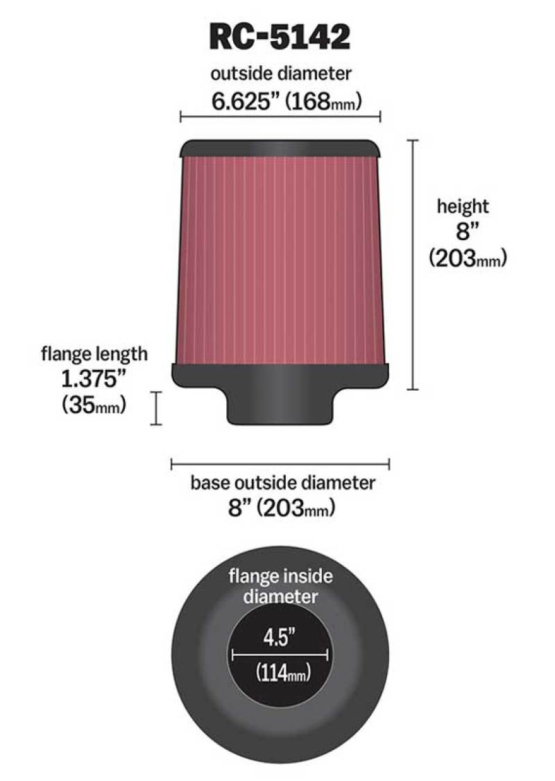 K&amp;N Universal Clamp-On Air Filter inch FLG 4.5inch Base 4 inch Top 4-1/2in FLG 8in Base - RC-5142