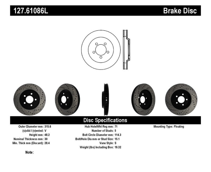 StopTech 05-10 Ford Mustang GT Front Left Slotted &amp; Drilled Rotor - 127.61086L