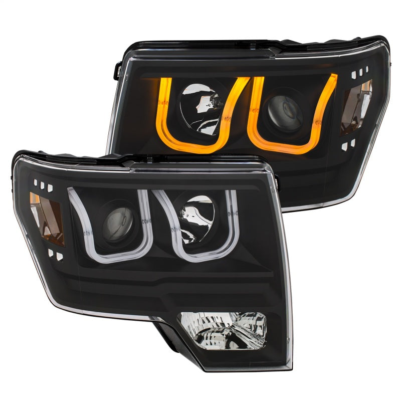ANZO 2009-2014 Ford F-150 Projector Headlights w/ U-Bar Switchback Black w/ Amber - 111383