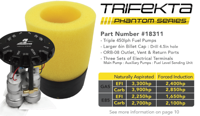 Aeromotive Fuel Pump - Phantom Trifekta Universal In-Tank - 450lph - 6-10in Depth - 18311