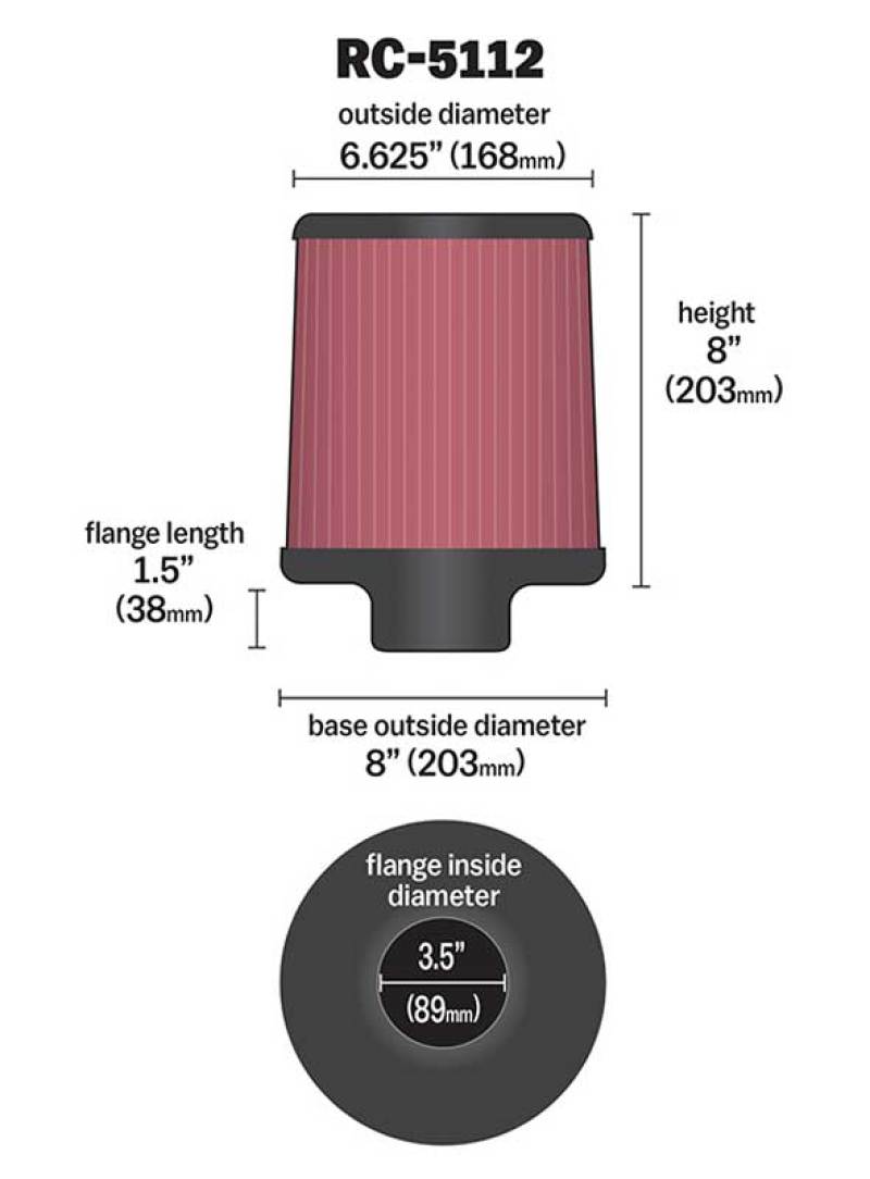 K&amp;N Filter Universal Rubber Filter 3.5in Flange 6.625in Top 8in Height Center Hole - RC-5112
