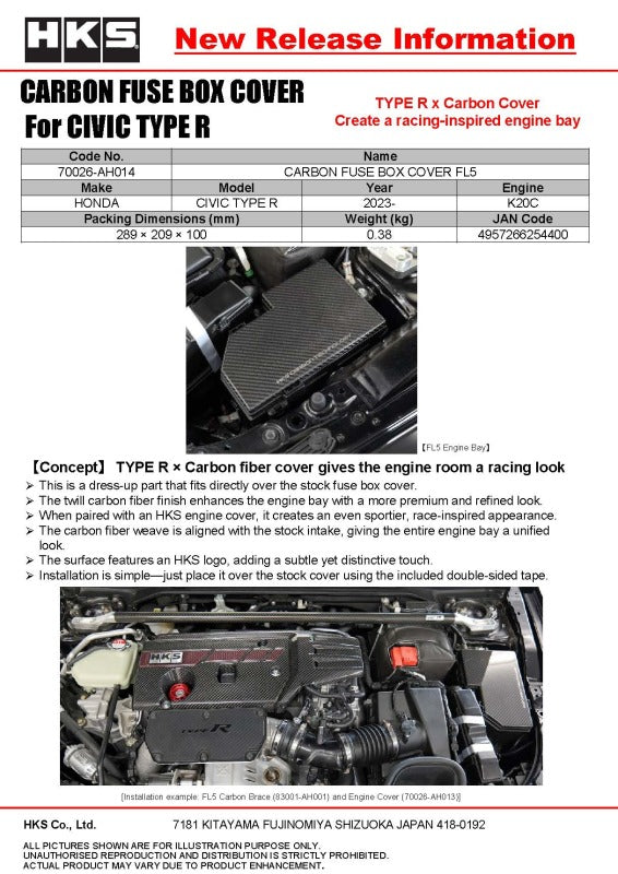 HKS Honda Civic Type R (FL5/FK8) Dry Carbon Fiber Engine Cover - 70026-AH013