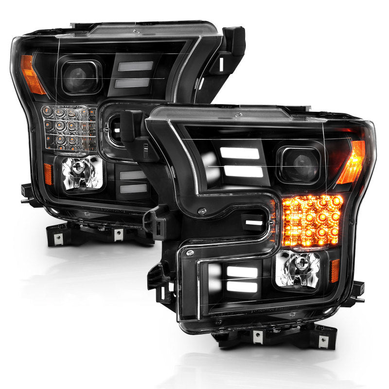 ANZO 15-17 Ford F-150 Project Headlights w/ Plank Style Design Black w/ Amber Sequential Turn Signal - 111408
