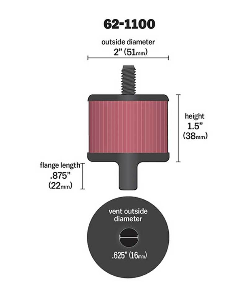K&amp;N Steel Base Crankcase Vent Filter 0.5in Vent OD x 2in OD x 1.5in Height - 62-1100