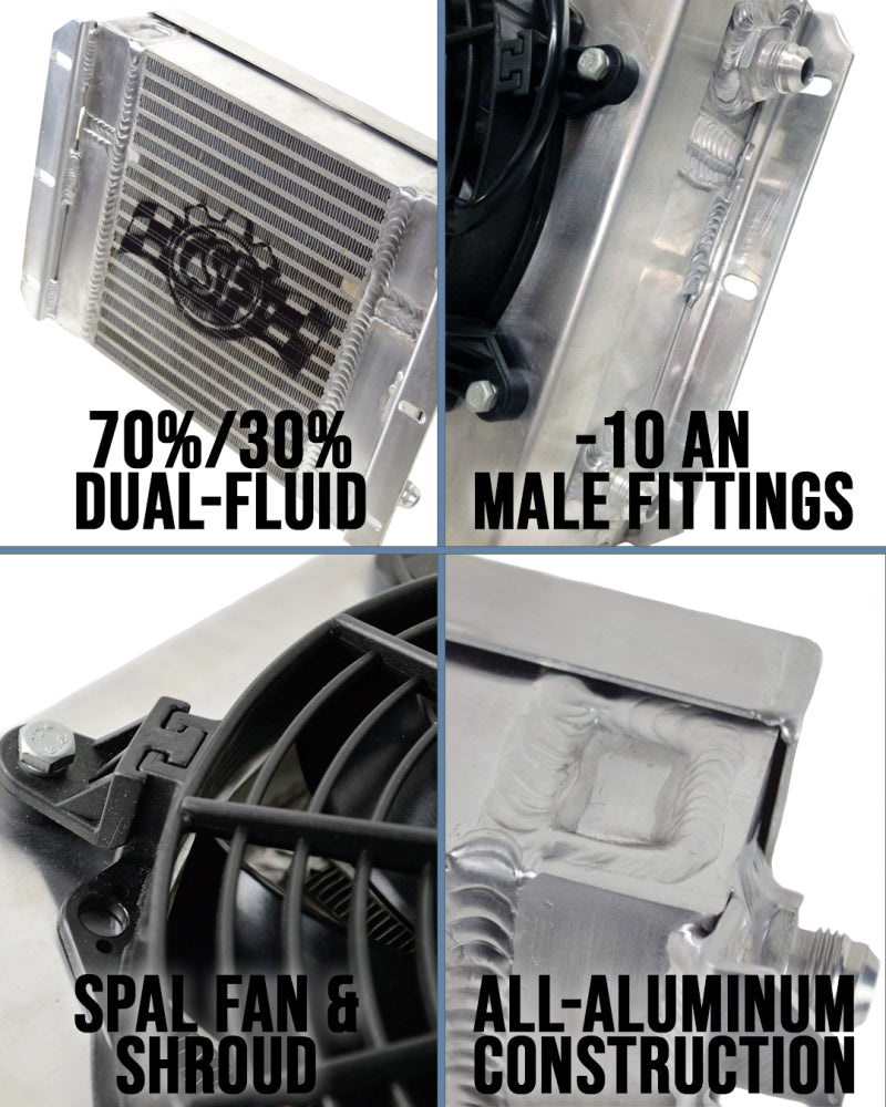 CSF Dual Fluid Bar &amp; Plate HD Oil Cooler w/9in SPAL Fan (1/3 &amp; 2/3 Partition) - 13.8in L x 10in H