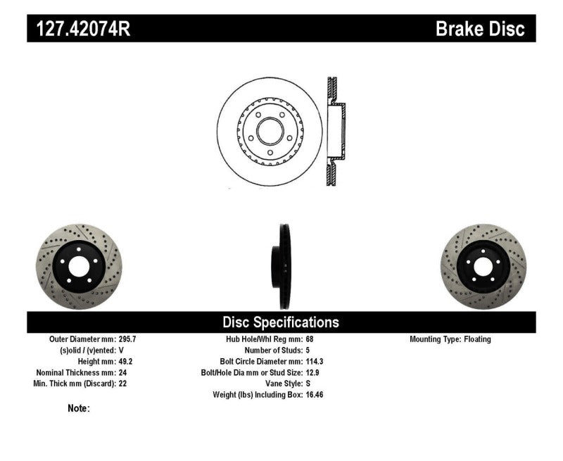 StopTech 1/02-05 Infiniti G35 (alloy disc) / 6/02-05 Nissan 350Z Slotted &amp; Drilled Right Front Rotor - 127.42074R