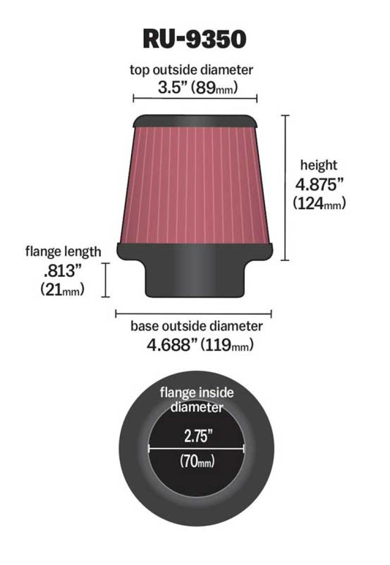 K&amp;N Universal Clamp-On Air Filter 2-3/4in FLG / 4-11/16in B / 3-1/2in T / 4-7/8in H - RU-9350