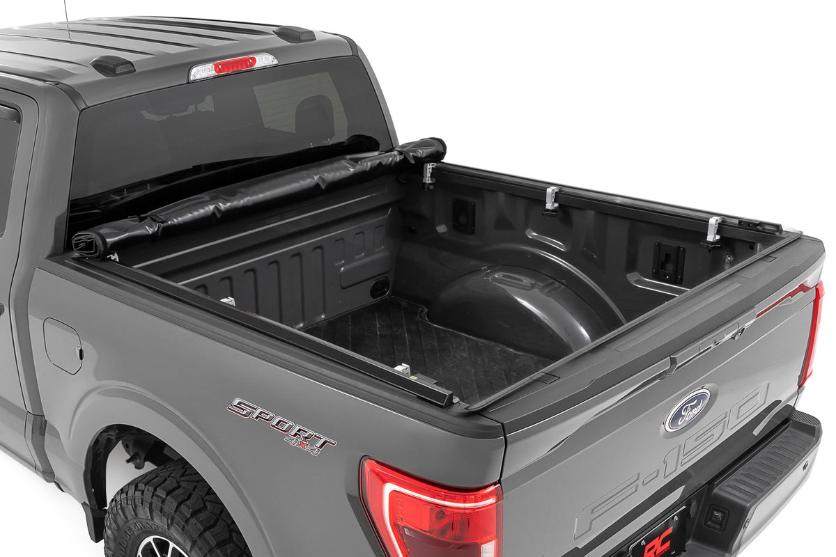 Rough Country - Soft Roll Up Bed Cover - 5'7" Bed - Ford F-150/F-150 Lightning/Raptor  (15-25) - 42220550 for 2015-2023 Ford 