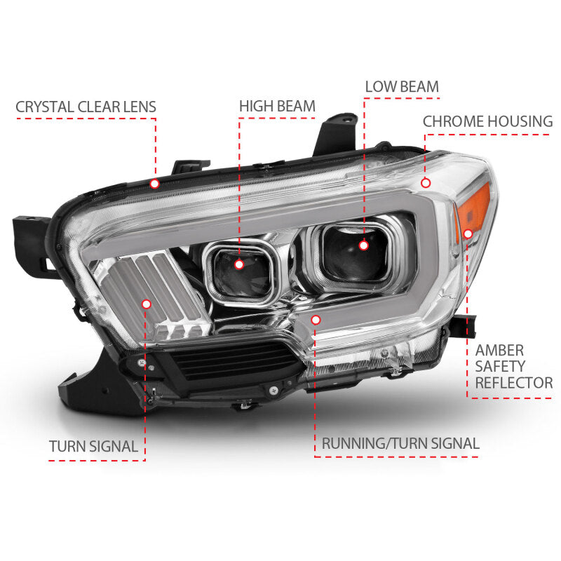 ANZO 2016-2017 Toyota Tacoma Projector Headlights w/ Plank Style Design Chrome/Amber w/ DRL - 111380