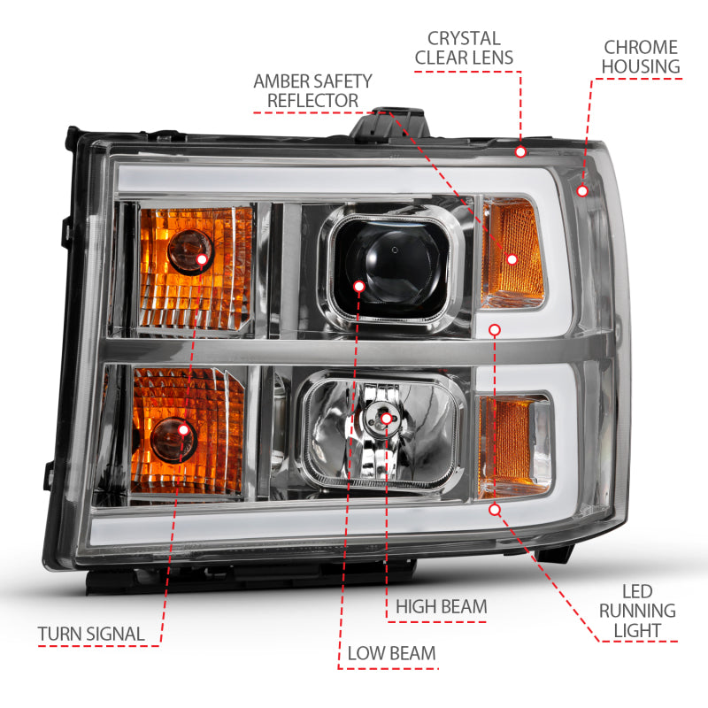 ANZO 2007-2013 Gmc Sierra 1500 Projector Headlight Plank Style Chrome w/ Clear Lens Amber - 111483