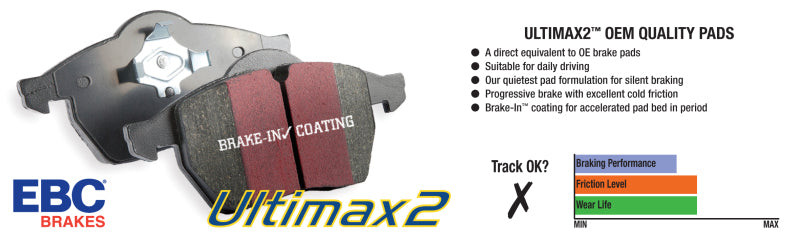 EBC 07-11 Acura CSX (Canada) 2.0 Type S Ultimax2 Front Brake Pads - UD829 for 2000-2009 Honda S2000 - rear view