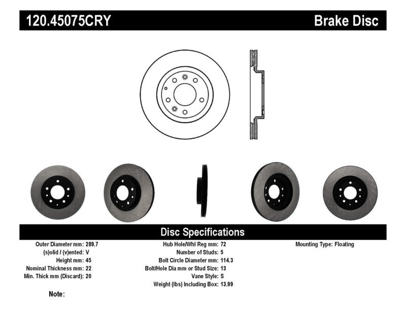 Stoptech 06-15 Mazda Miata MX-5 Front Premium Cryostop Brake Rotor - 120.45075CRY
