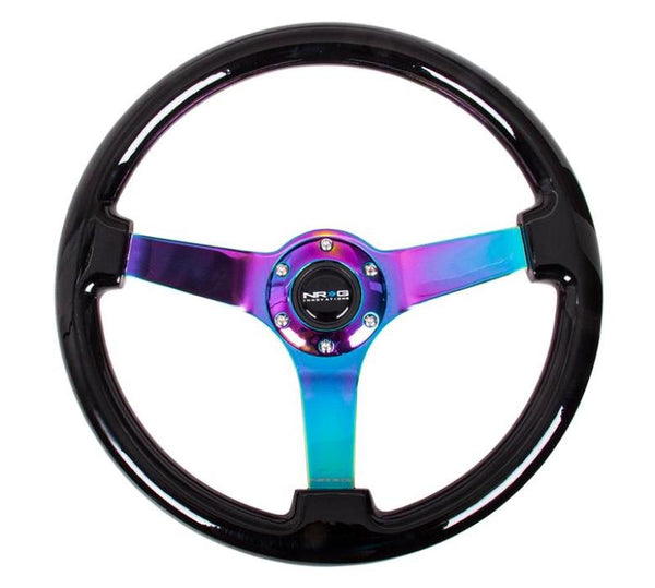 NRG Reinforced Steering Wheel (350mm / 3in Deep) Classic Blk Wood Grain w/Neochrome 3-Spoke Center - RST-036BK-MC - front view