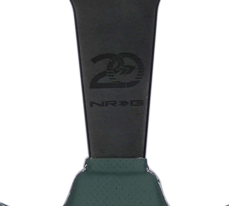 NRG Steering Wheel 1.5in Dish 350mm Black Perforated Leather - Emerald Stitching - Reinforced Spoke - RST-037MB-B-20 - close-up view 2 3 4 5 6 7 8