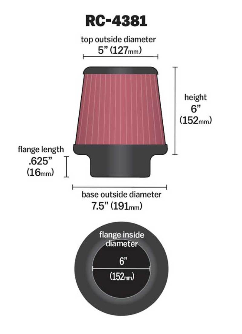K&amp;N Universal Chrome Filter 6in Flange ID x 7.5in Base OD x 5in Top OD x 6in H - RC-4381