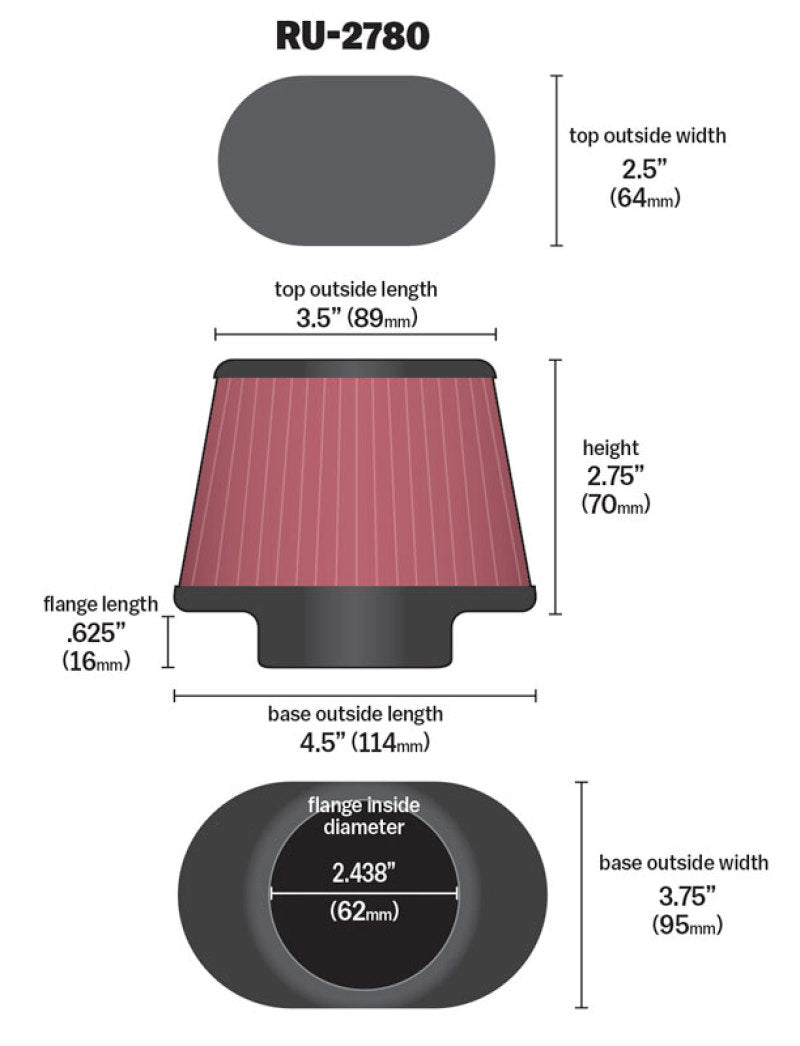 K&amp;N Filter Universal Rubber Filter 2 7/16 inch Flange 4.5x3.75 inch Base 3.5x2.5 inch Top 2.75 inch - RU-2780