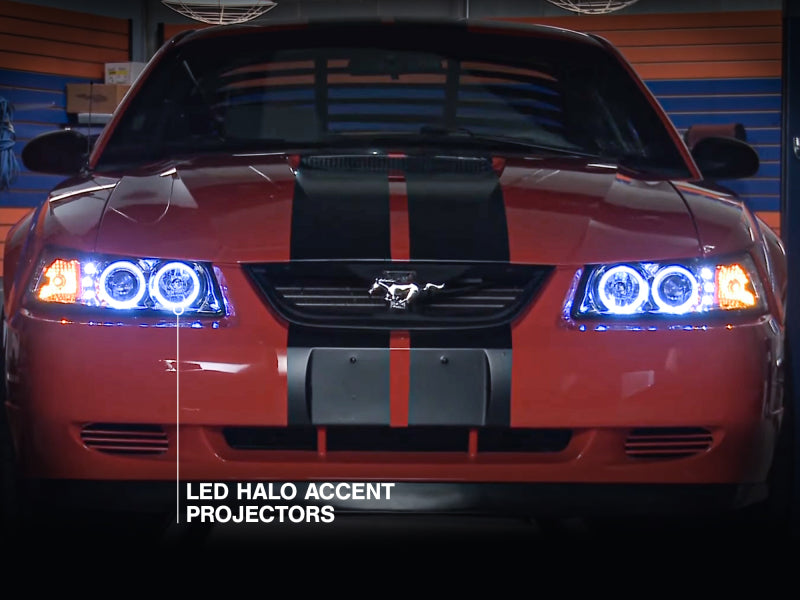 Raxiom 99-04 Ford Mustang Dual LED Halo Projector Headlights- Chrome Housing (Clear Lens) - 49114