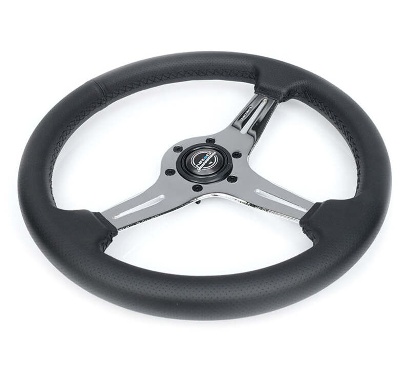 NRG Light Weight Gaming Steering Wheel - 350mm 3 Chrome Silver Spokes Perforated Leather - ST-018CH-PR - close-up view 2 3
