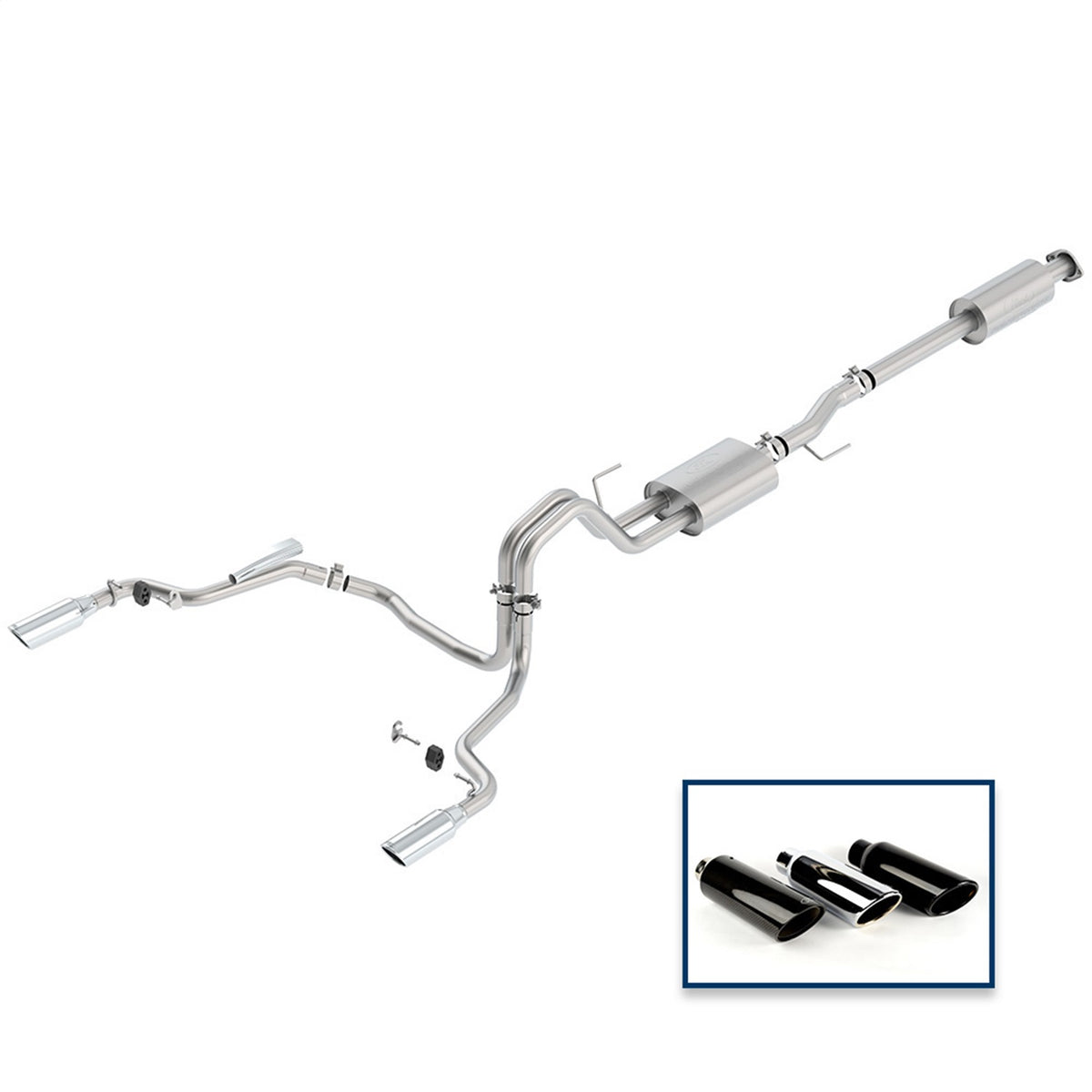 Ford Performance 2015-2020 F-150 2.7L, 3.5L & 5.0L Sport Exhaust System-Rear Exit, Chrome Tips (FRPM-5200-F1550DSCA)