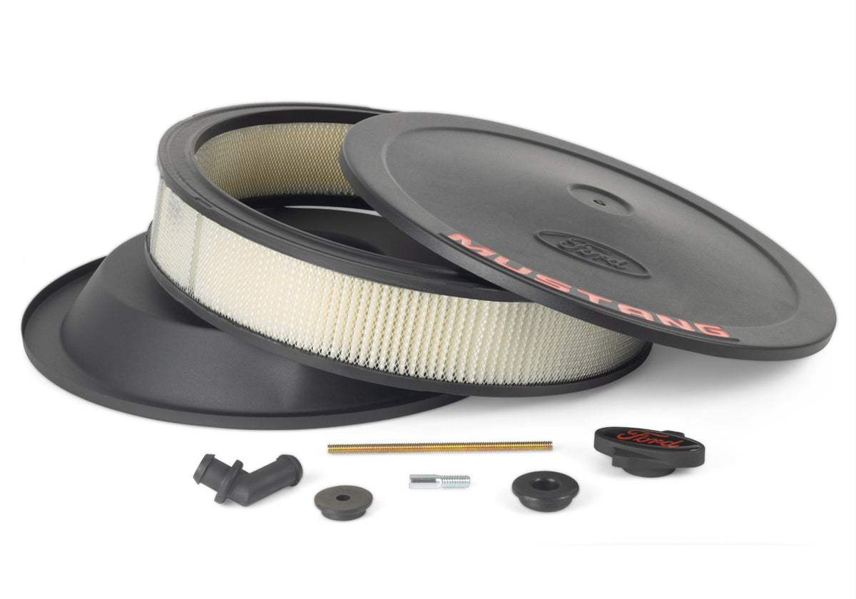 Ford Performance Air Cleaner Kit: Black Crinkle Finish, Red Mustang Emblem — detail (FRP302-362)