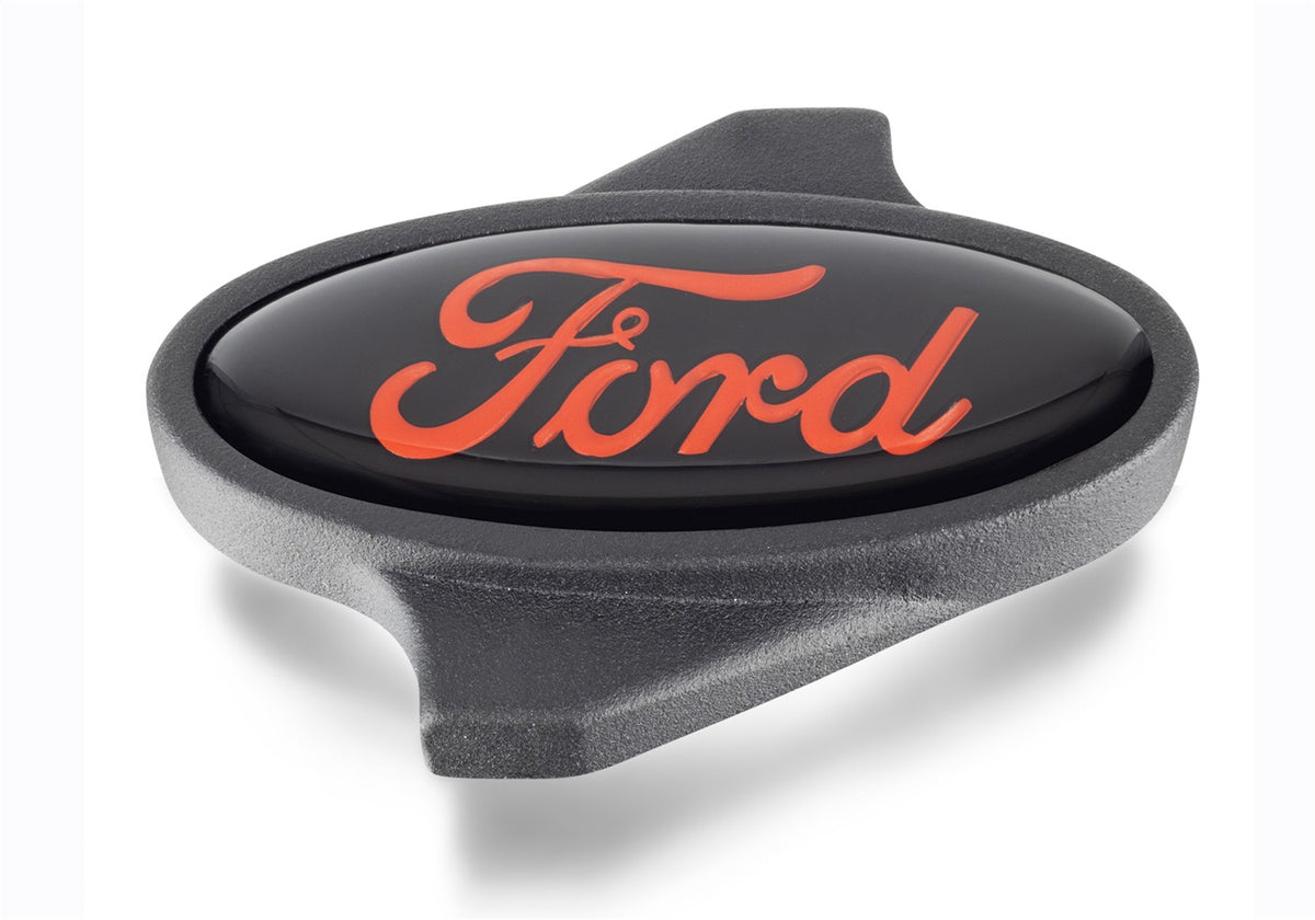 Ford Performance Black Finish Air Cleaner Nut: Red Ford Oval Logo — detail (FRP302-339)