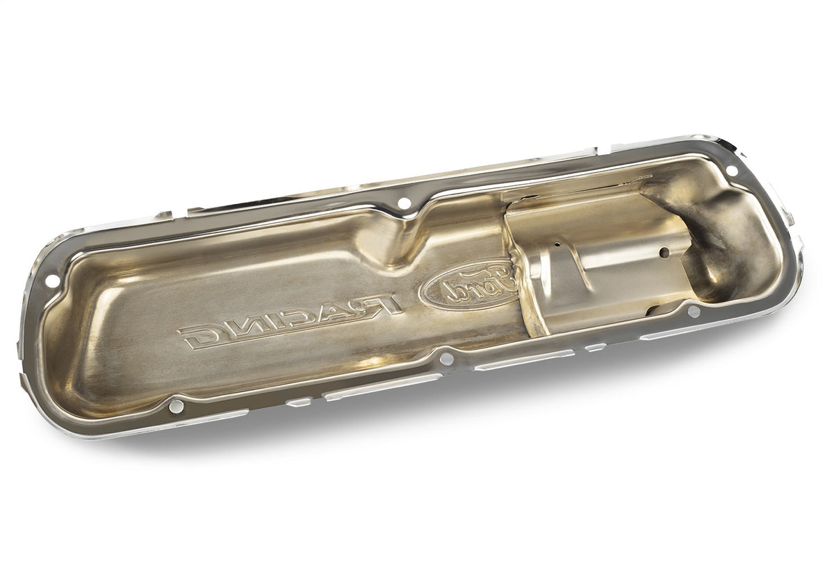 Ford Performance Ford Mustang Die-Cast Valve Covers Polished With Black Logo — in use (FRP302-030)