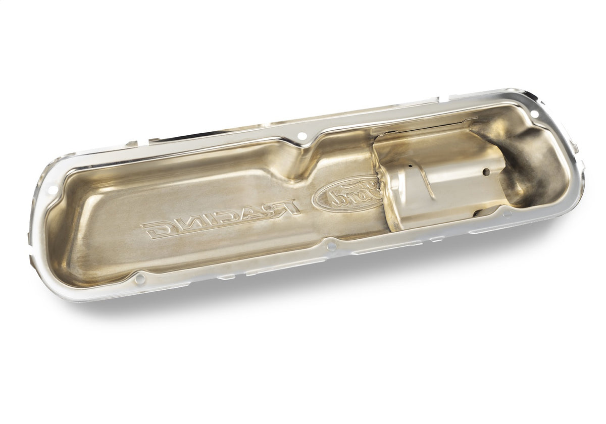 Ford Performance Ford Racing Embossed Logo Stamped Steel Valve Covers Chrome — in use (FRP302-070)
