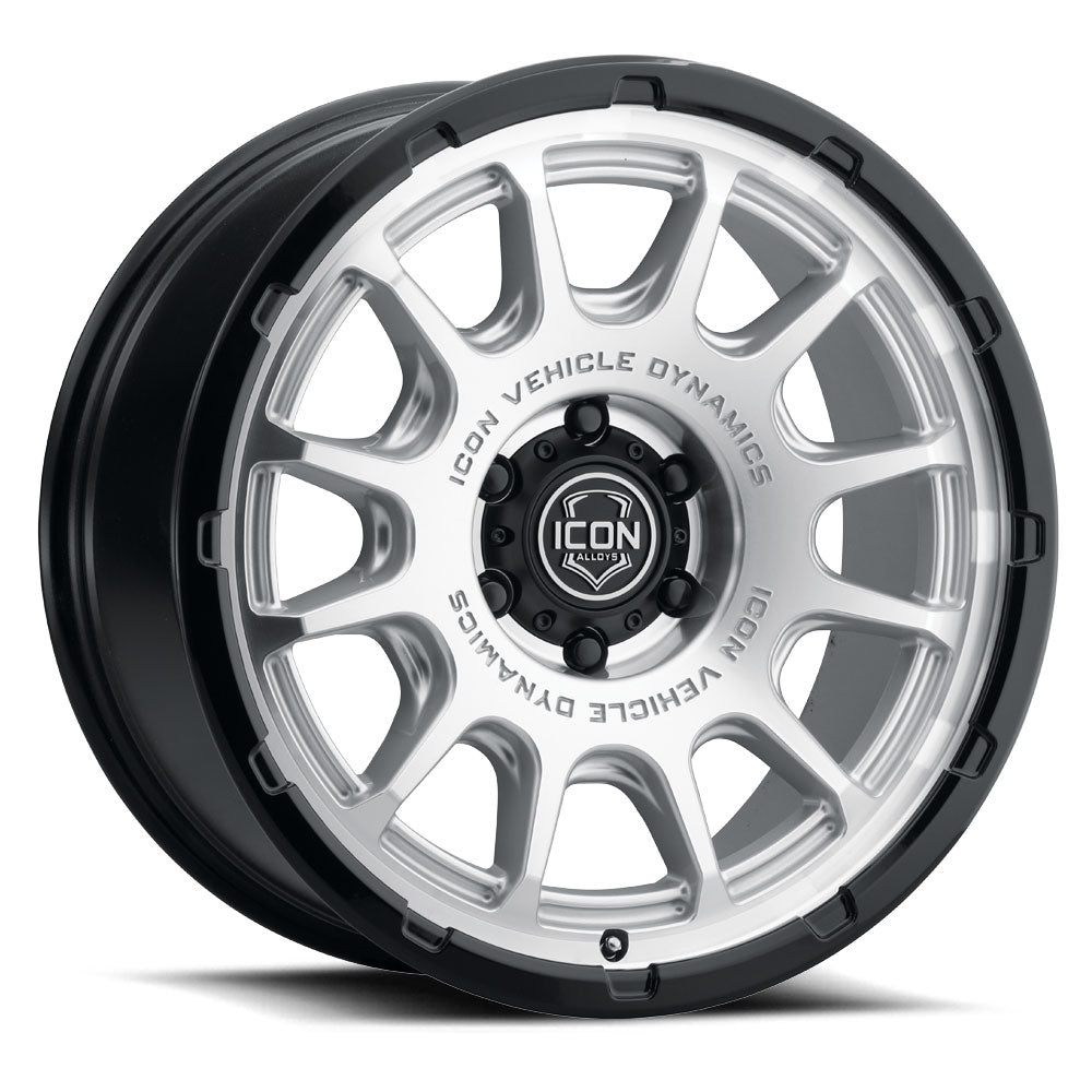 ICON Alloys Rancho 20x9 / 5x5 / -12mm / 4.5in BS Silver Machined w/ Gloss Black Lip Wheel - 8420907345SMGB